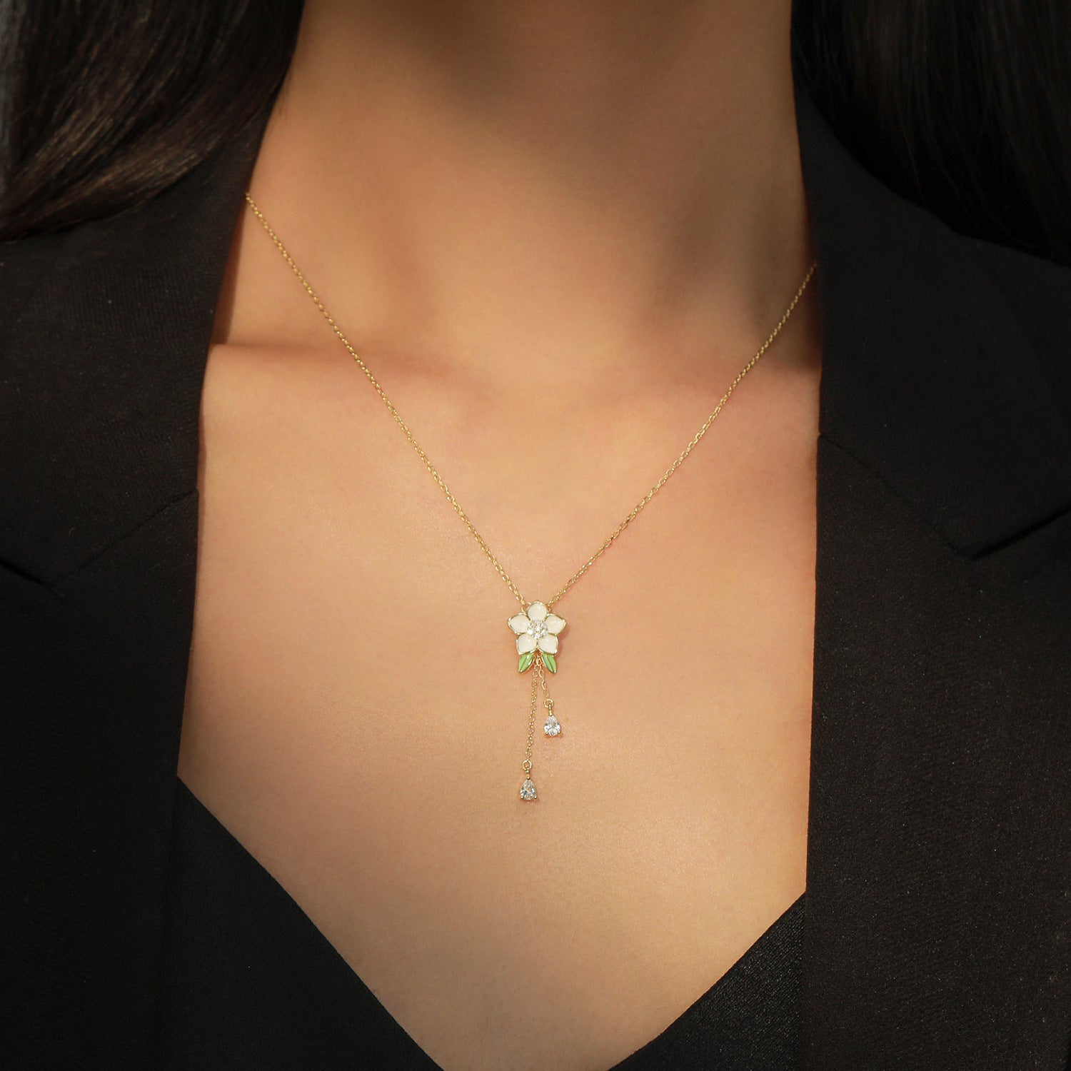 Women's S925 Flower Green Leaf Necklace - Cavicinno