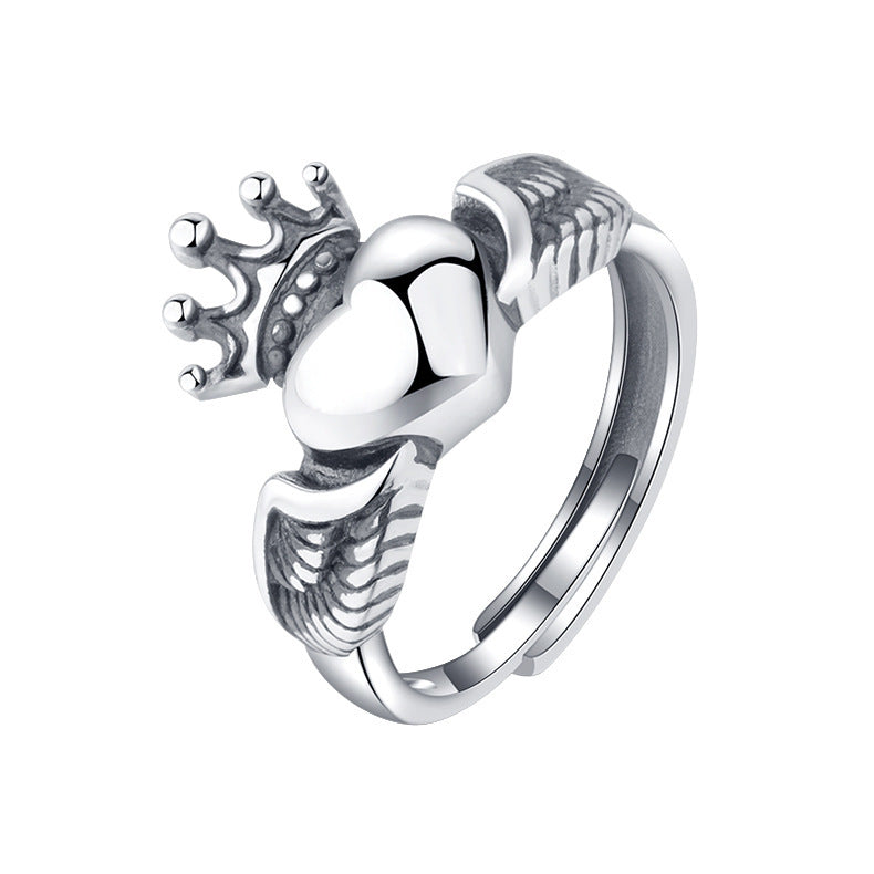 S925 Sterling Silver Love Crown Wings Ring Female - Cavicinno